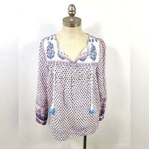 J.Crew Blue White Block Print Tassel Tie Neck Tunic Blouse Size 2